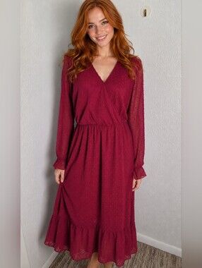 BTFBM Burgundy Red Dotted Swiss Maxi-Dress with Ruffled Hemline, Wrap Top Sz Med